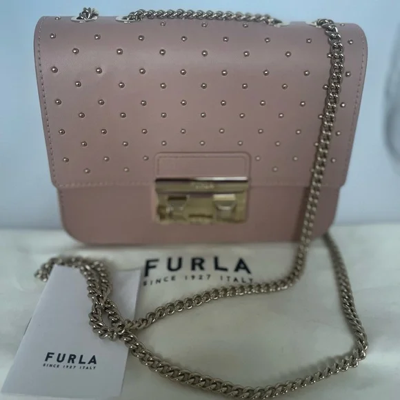 Furla Metropolis Mini Studded Leather Crossbody Blush Pink Saffiano Chain Bag - Picture 15 of 15